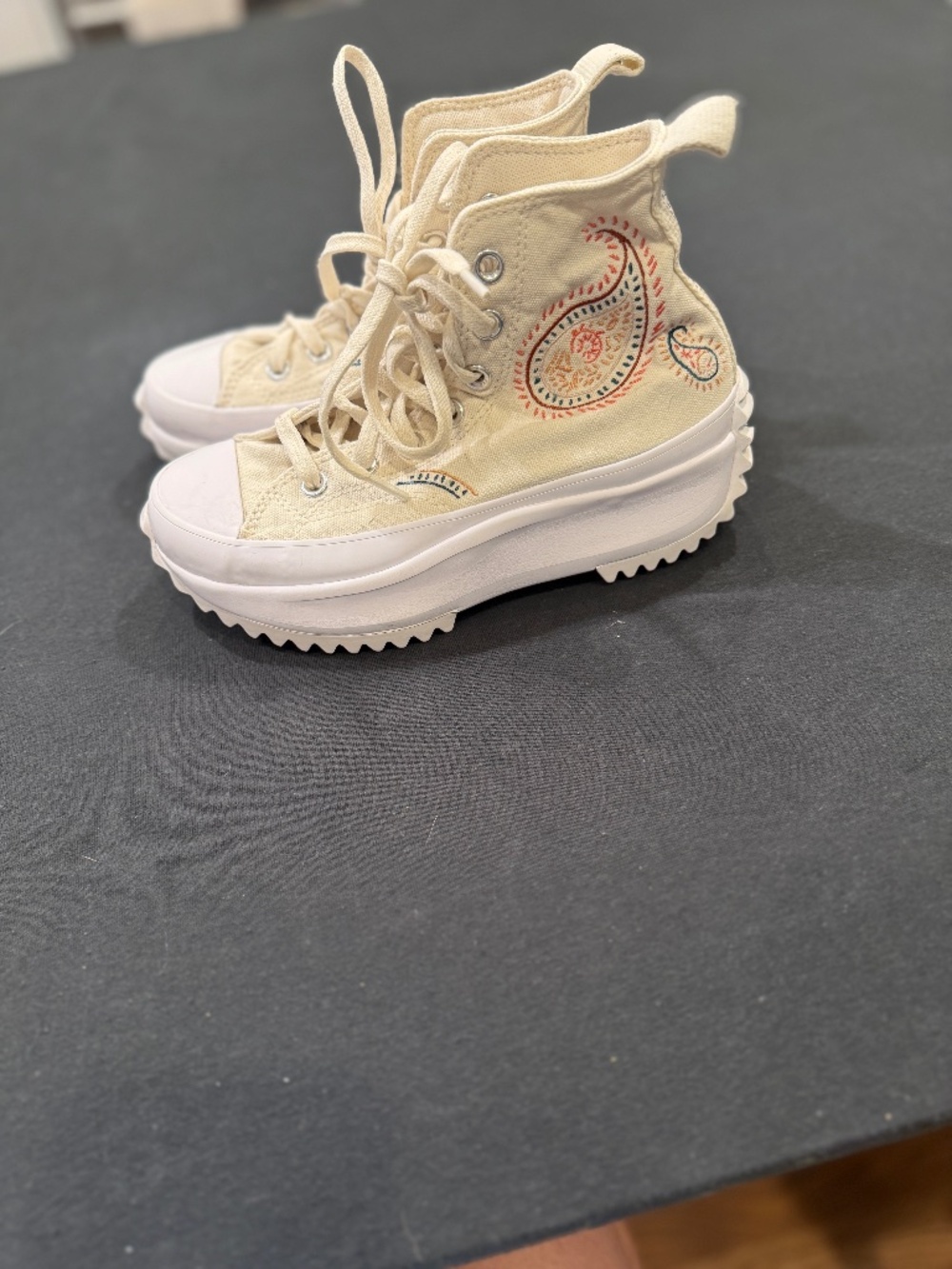 Women's cream Converse high top platform Chuck Taylor's with embroidery